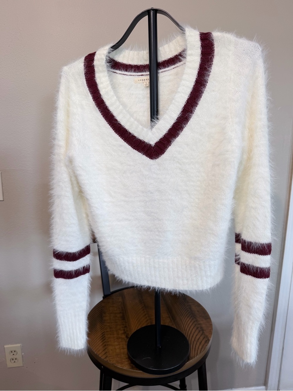 Copper Key Cozy V-Neck Fuzzy Sweater with Burgundy Trim - Women